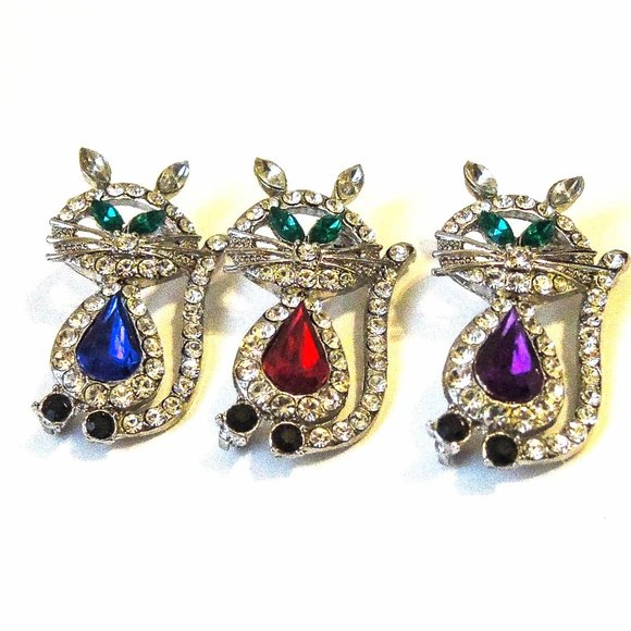 KITTY CAT PIN, ALL OVER CRYSTALS WITH GREEN EYE AN - Picture 3 of 6